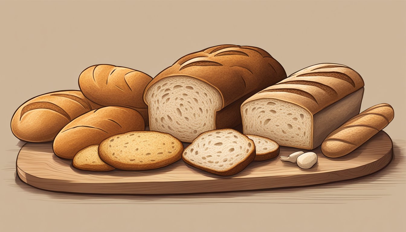 A variety of breads, including ciabatta, sourdough, and wheat, arranged on a wooden cutting board