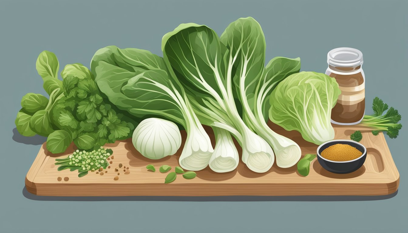 A variety of baby bok choy substitutes arranged on a wooden cutting board with fresh herbs and spices scattered around