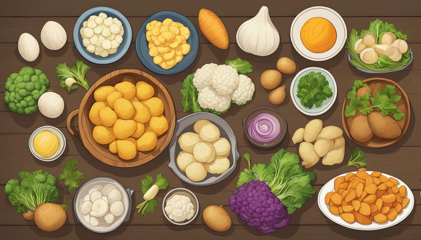 A variety of dishes surrounded by different types of potato substitutes, such as cauliflower, sweet potatoes, and turnips, arranged on a wooden table