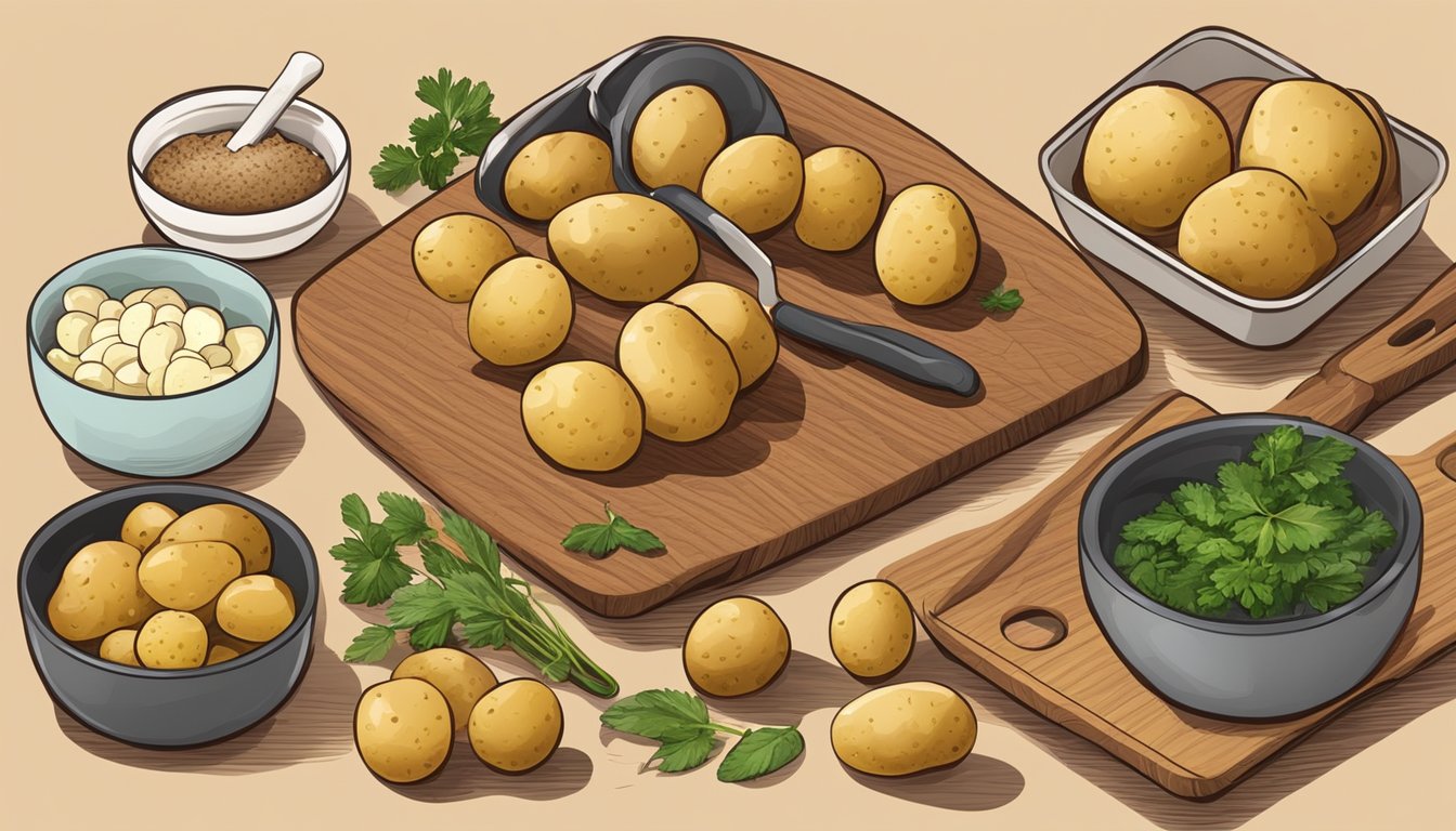 A variety of baby potatoes and their substitutes arranged on a cutting board, with different cooking utensils and ingredients nearby