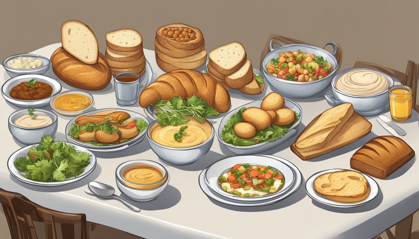 A rustic table set with various unique breads, including baguette substitutes, alongside specific dishes like soups, salads, and sandwiches