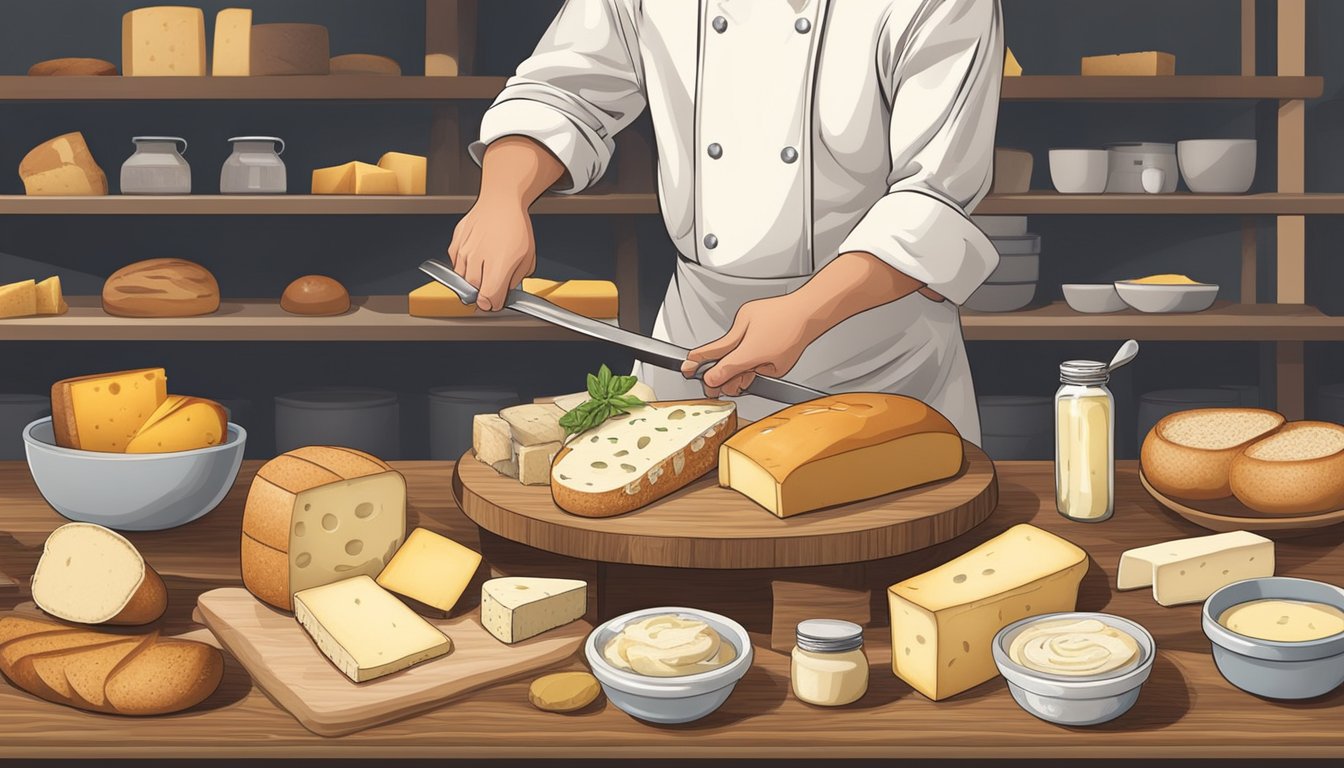 A chef slicing and arranging various breads next to a selection of cheeses and spreads for pairing