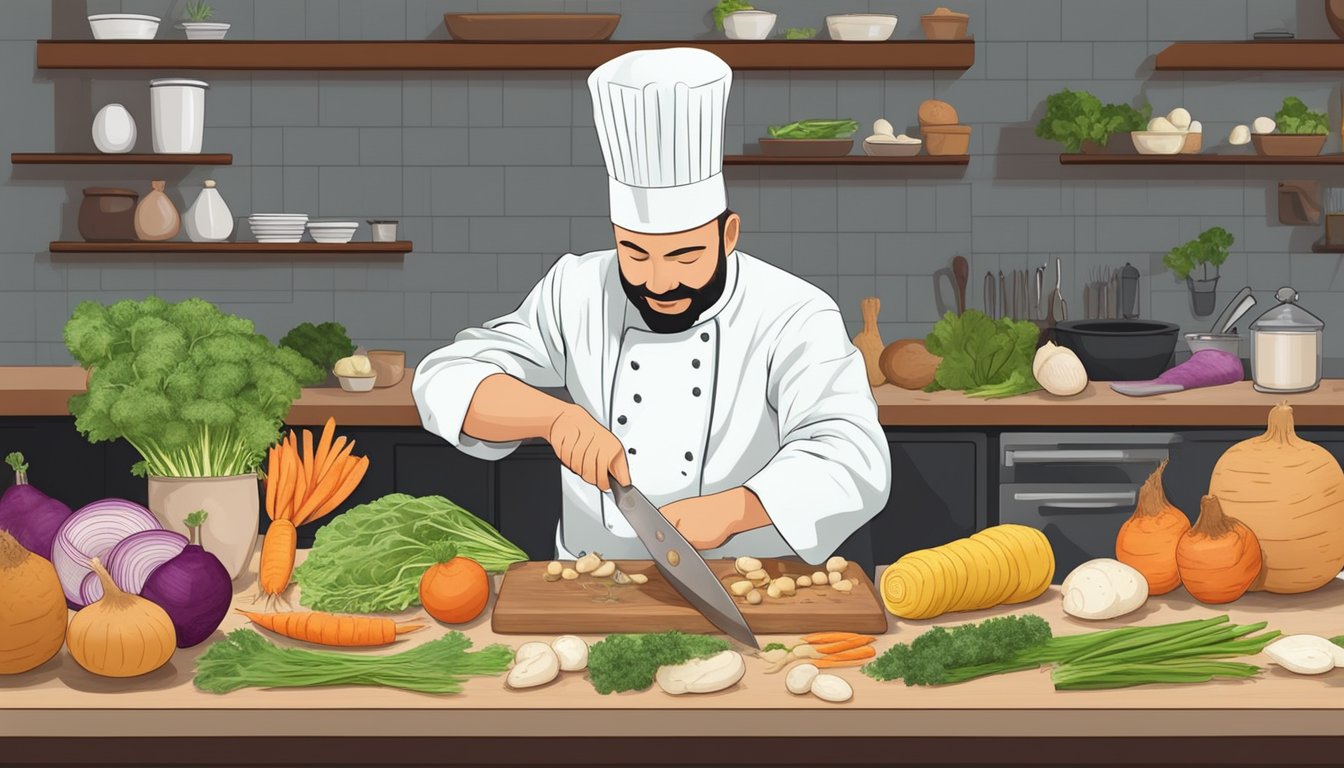 A chef slicing and seasoning various root vegetables as substitutes for baby potatoes