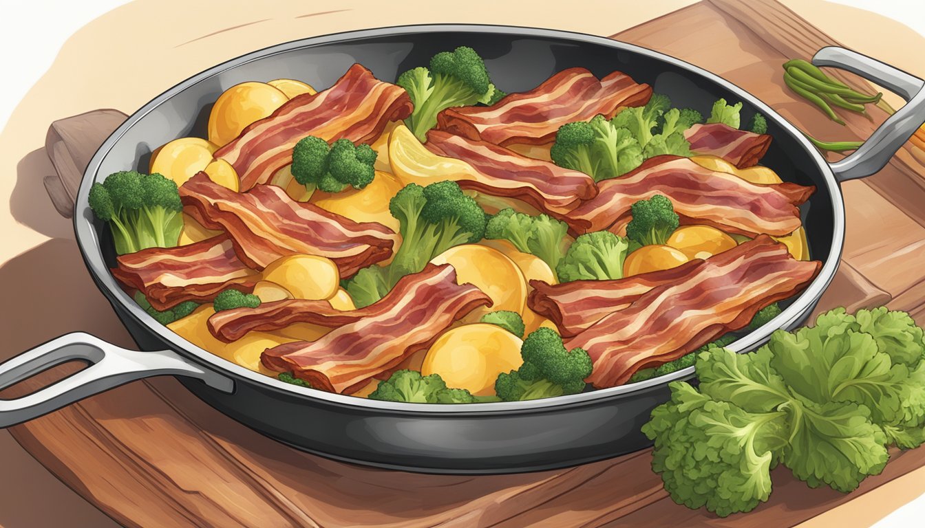 A sizzling pan of bacon fat substitutes being used to cook a variety of vegetables, emitting a savory aroma