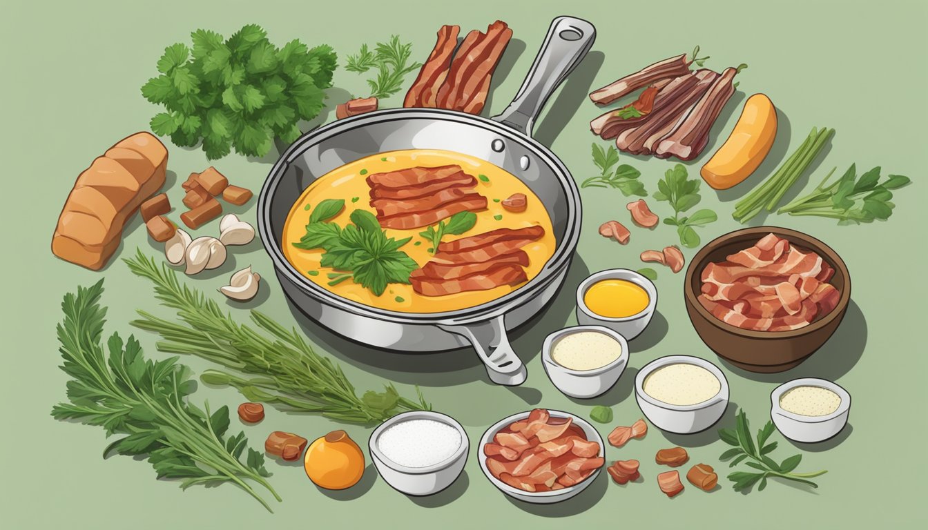 A sizzling skillet with various containers of bacon fat substitutes being poured into a mixing bowl surrounded by fresh herbs and spices