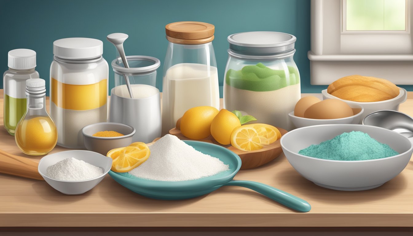 A kitchen counter with various ingredients and measuring tools, including baking soda substitutes like cream of tartar and baking powder