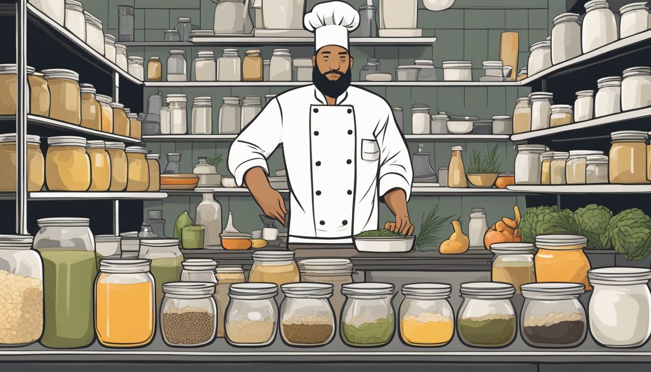 A chef in a bustling kitchen, surrounded by shelves of exotic ingredients. Jars of rendered duck fat, coconut oil, and schmaltz line the counter