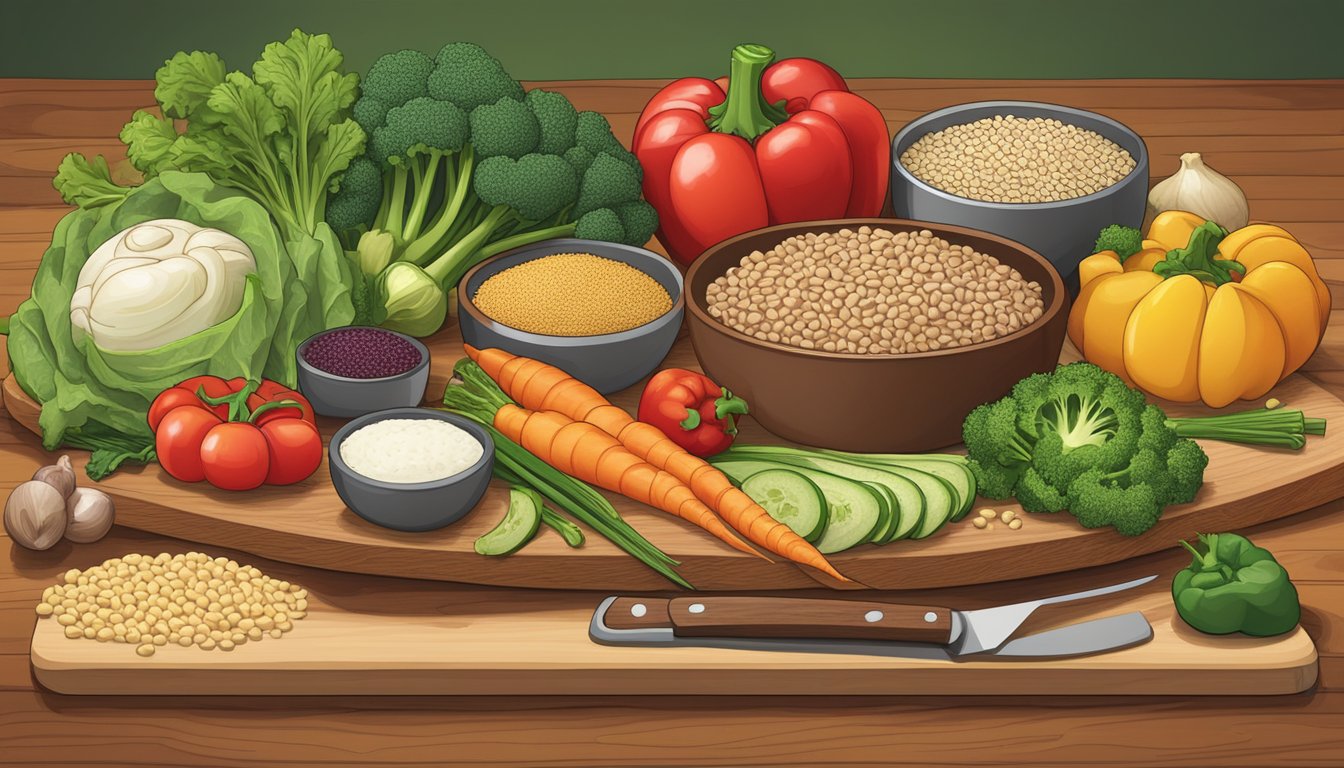 A colorful array of vegetables, grains, and plant-based proteins arranged on a wooden cutting board, with a sizzling skillet in the background