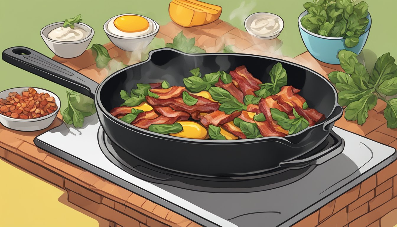 A sizzling skillet with various plant-based ingredients frying up to create a delicious and crispy bacon alternative