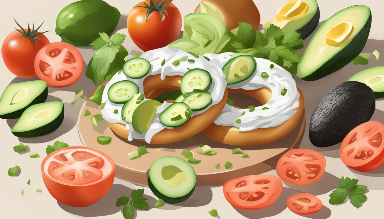 A bagel being spread with cream cheese alternative, surrounded by fresh ingredients like cucumber, tomato, and avocado