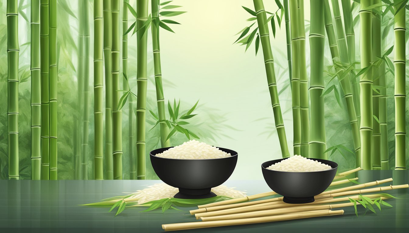 A serene bamboo forest with scattered bamboo shoots and a bowl of bamboo rice