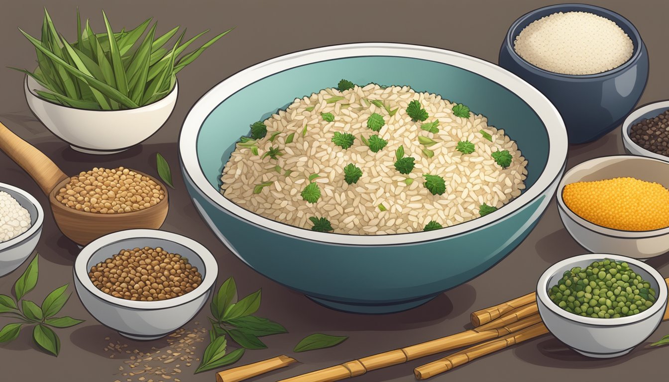 A bowl of bamboo rice surrounded by various rice-based substitutes like cauliflower rice, quinoa, and lentils