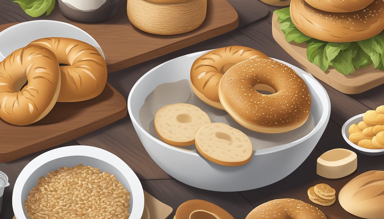 A variety of bagel substitutes arranged on a wooden cutting board, including English muffins, croissants, and whole grain bread. Airtight containers and produce in the background