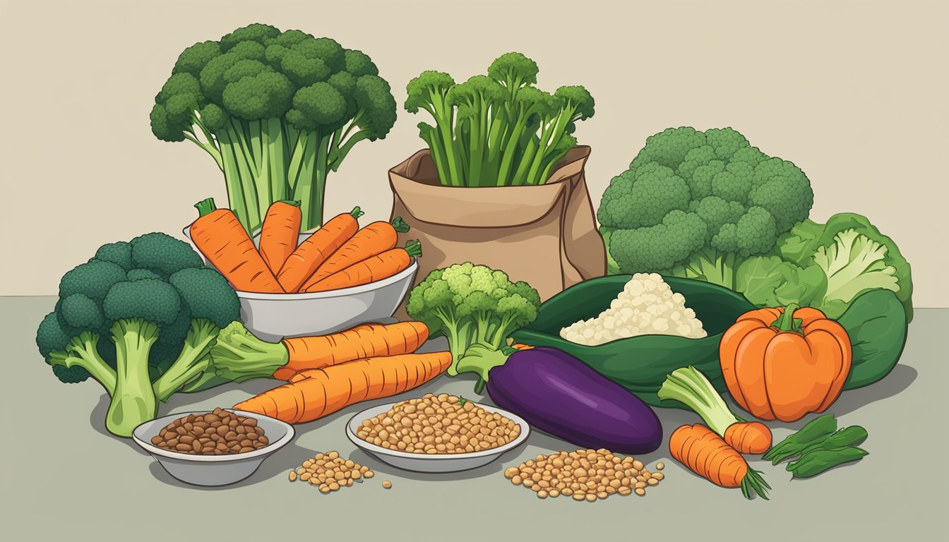 A colorful array of vegetables and high-fiber foods, such as broccoli, carrots, quinoa, and lentils, arranged on a table next to a bag of bamboo rice