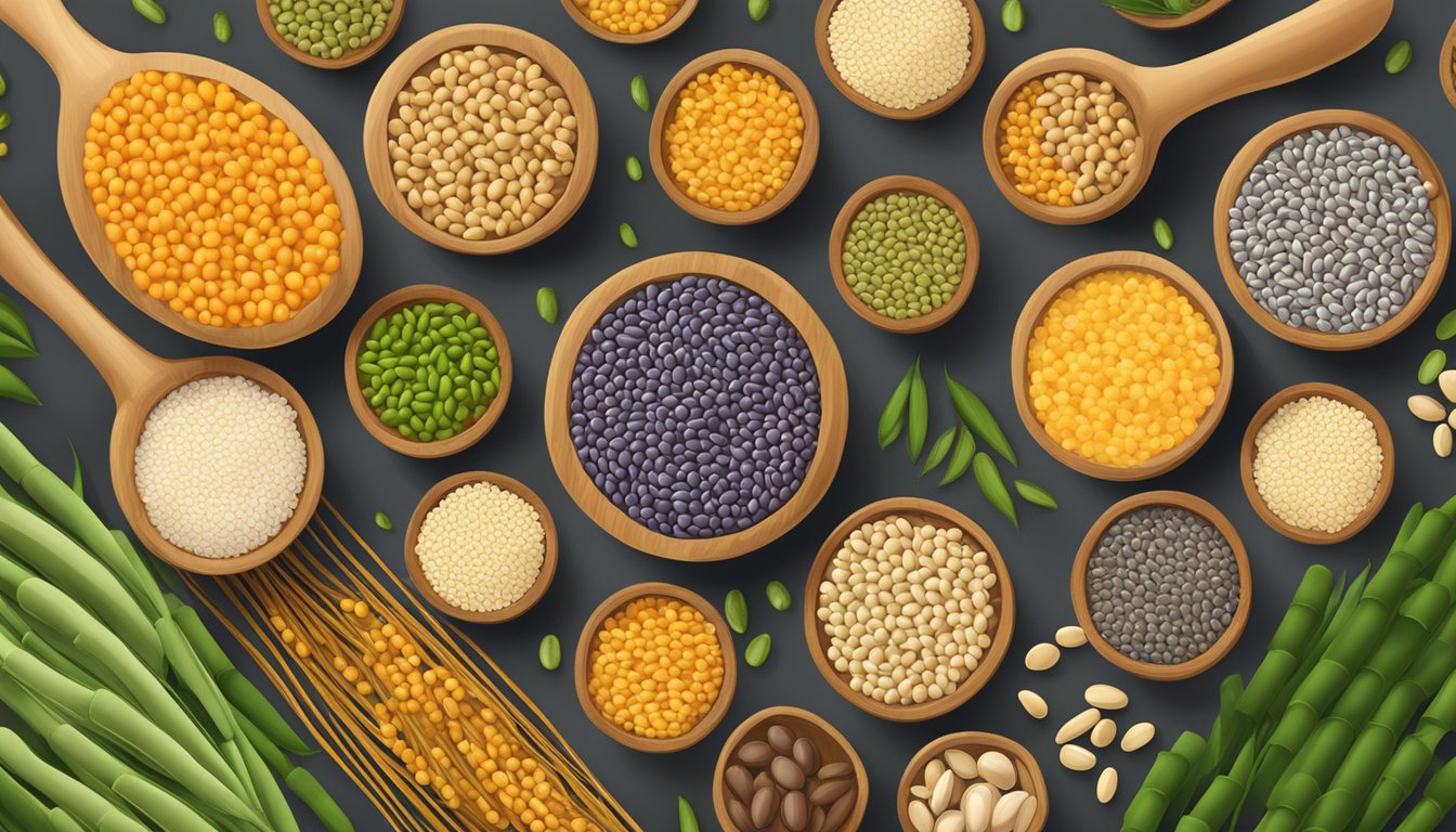 A colorful array of legumes and pulses surrounded by bamboo rice grains