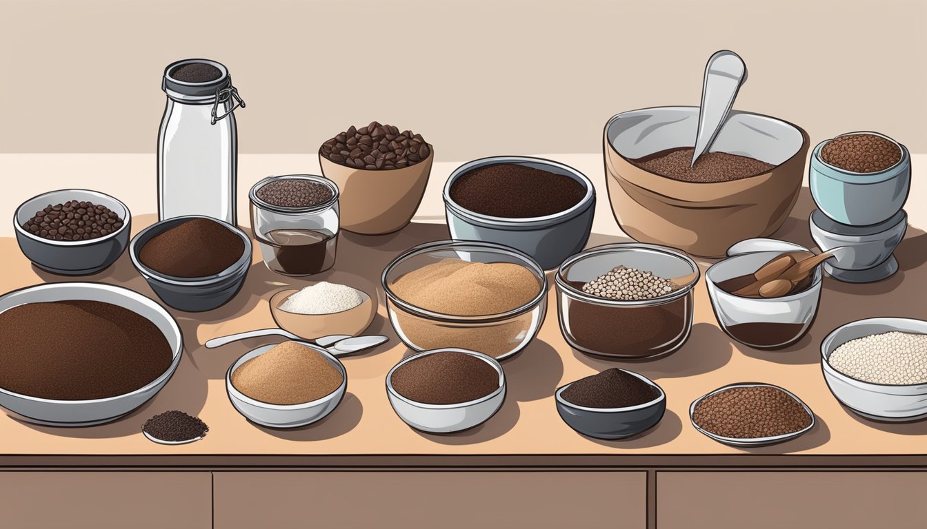 A kitchen counter with various non-chocolate baking ingredients such as carob, cocoa powder, and cacao nibs, arranged neatly in small bowls and containers