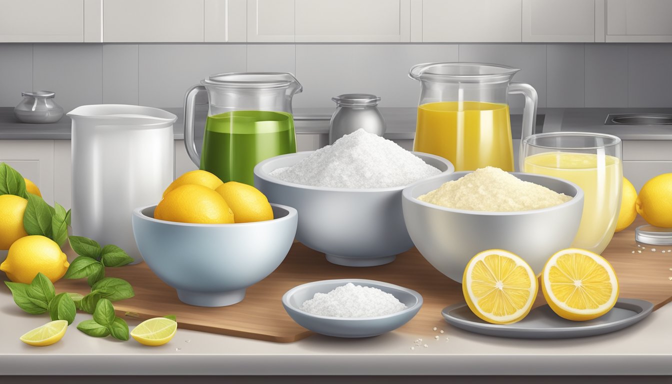 A kitchen counter with various natural ingredients like cream of tartar, baking soda, and lemon juice arranged neatly in small bowls