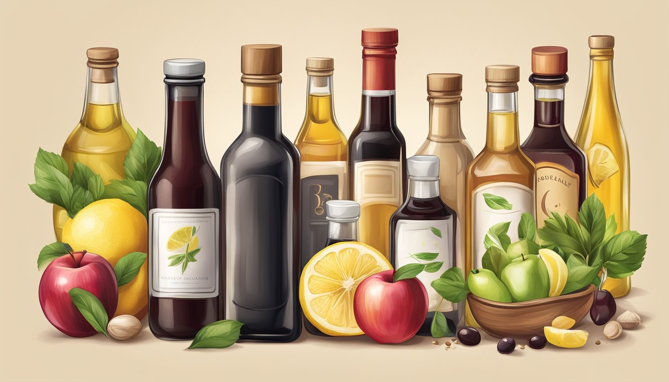 A bottle of balsamic vinegar surrounded by various substitute ingredients such as red wine vinegar, apple cider vinegar, and lemon juice