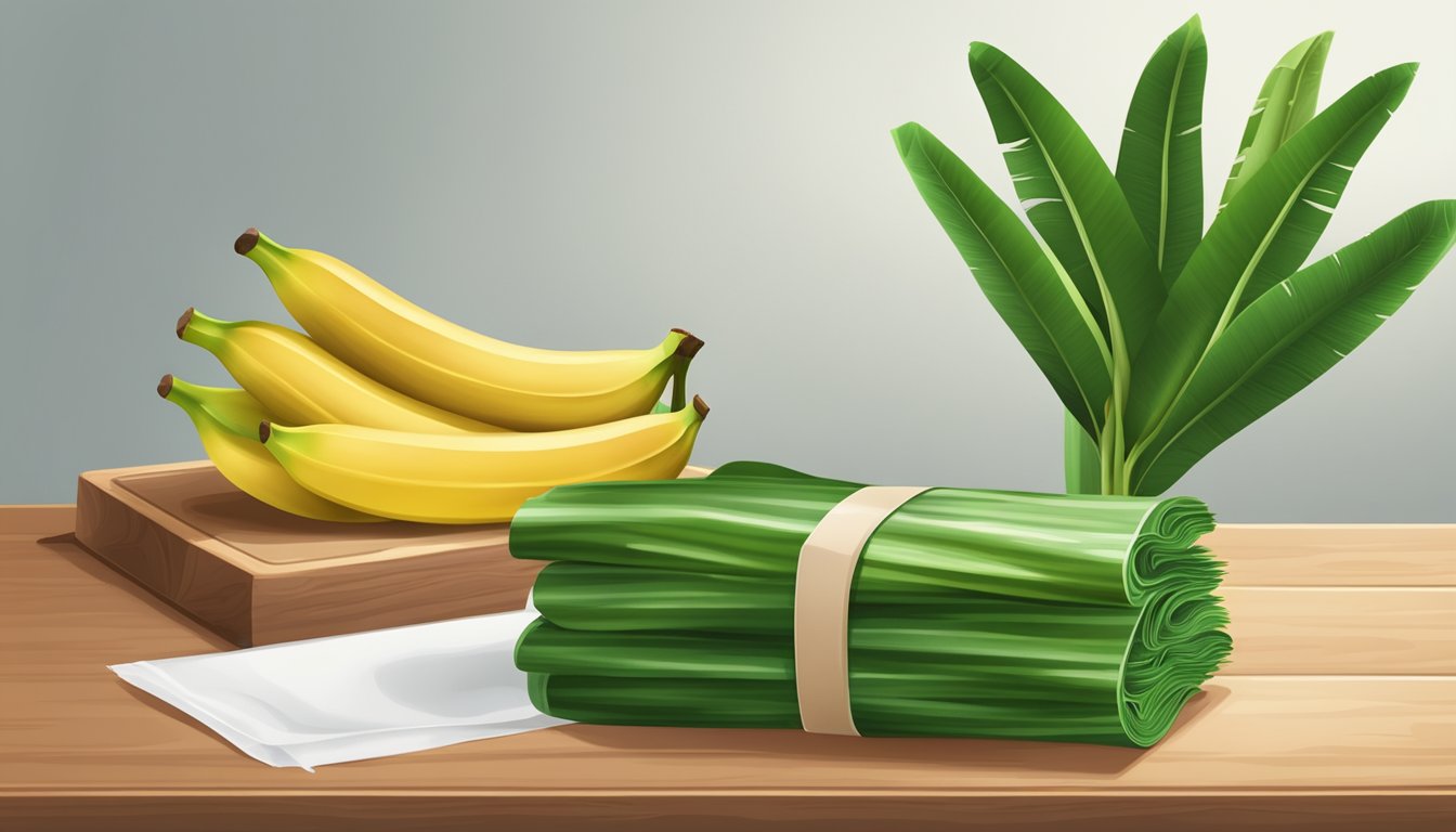 A stack of fresh banana leaves placed on a wooden cutting board, next to a roll of parchment paper and a container of plastic wrap