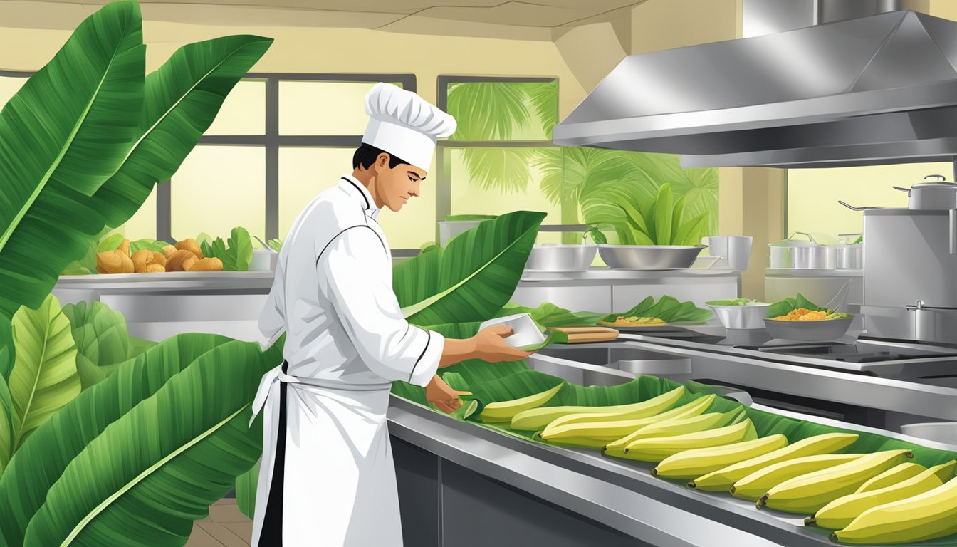 A chef using large, green banana leaves as a safe and eco-friendly substitute for traditional packaging materials in a restaurant kitchen