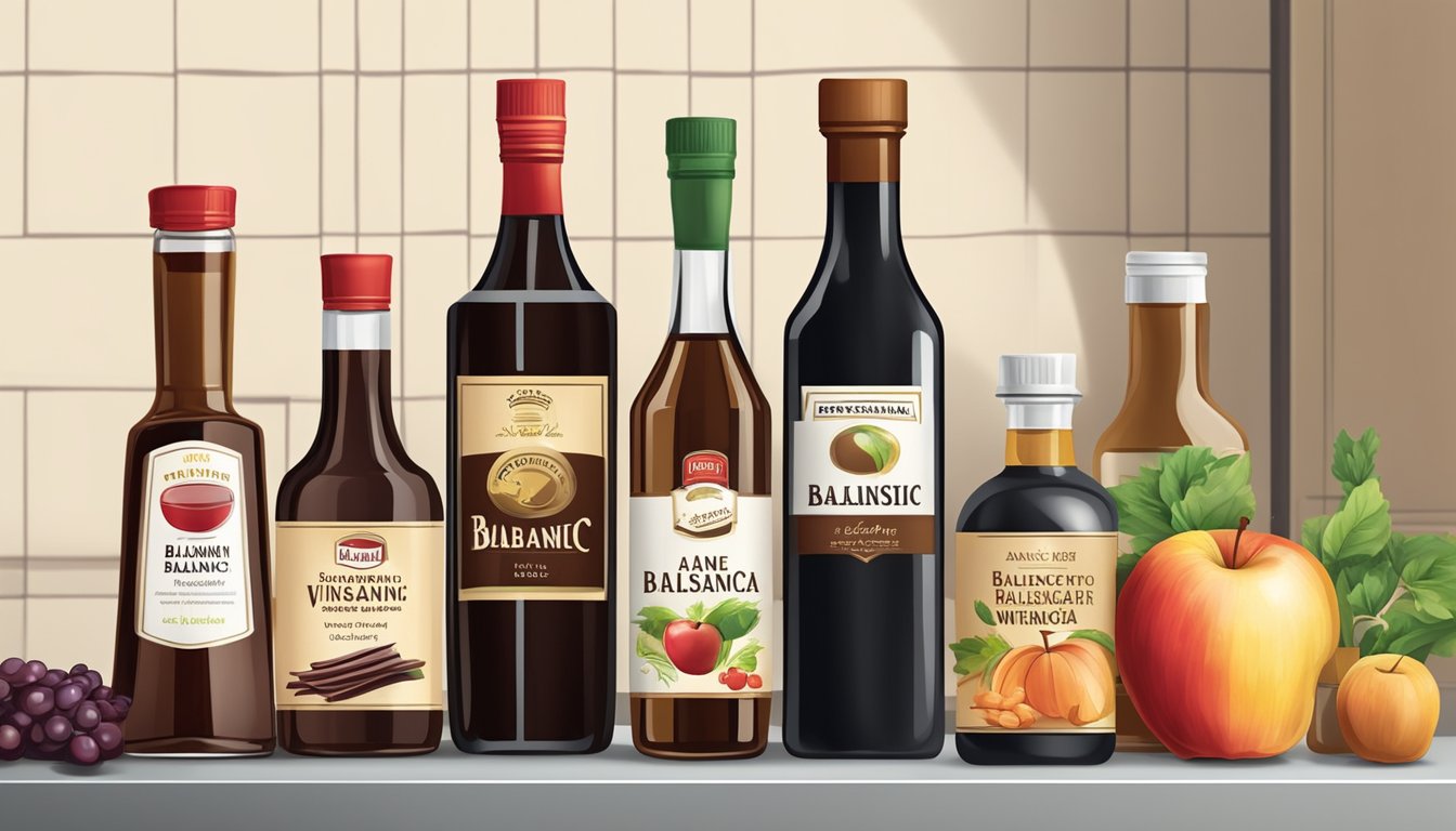 A bottle of balsamic vinegar sits next to various substitute ingredients such as red wine vinegar, apple cider vinegar, and soy sauce on a kitchen counter