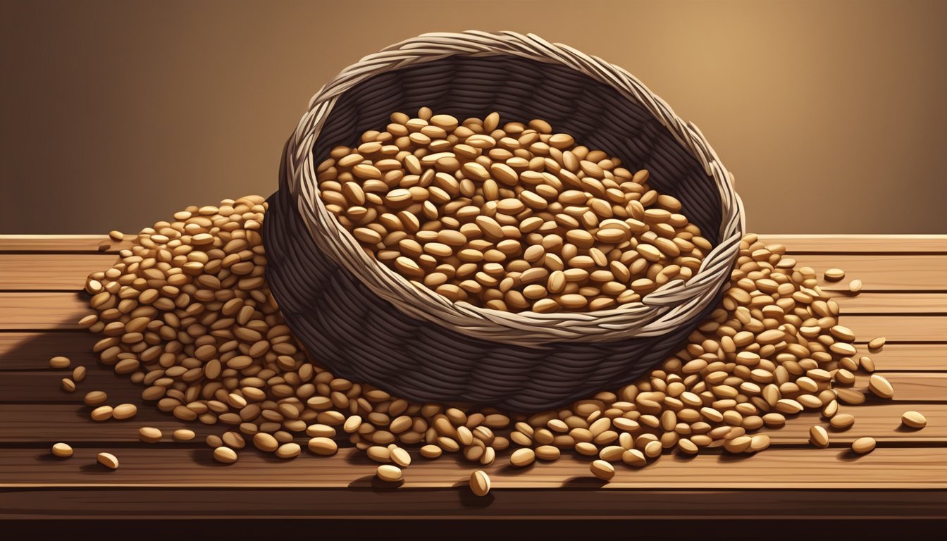 A pile of dried bambara beans spilling out of a woven basket onto a rustic wooden table