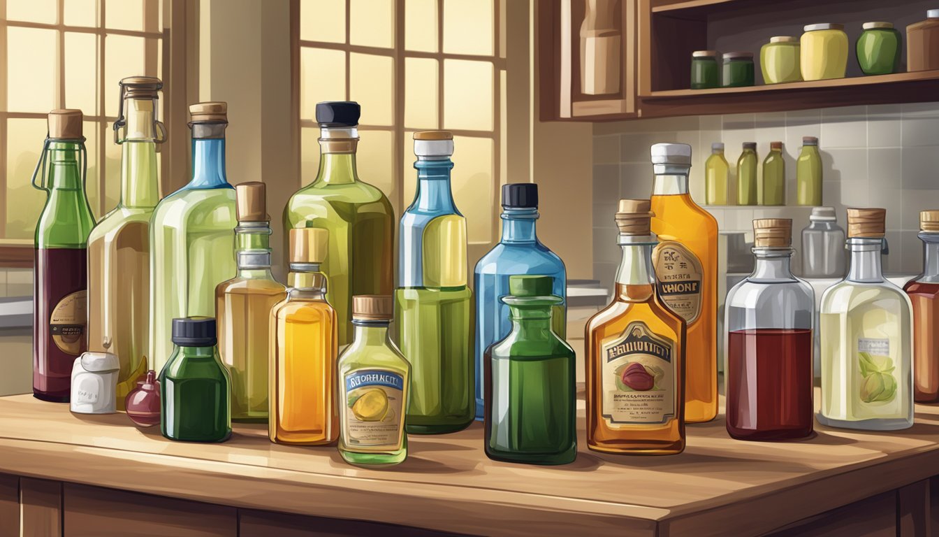 A selection of various vinegar bottles on a kitchen counter