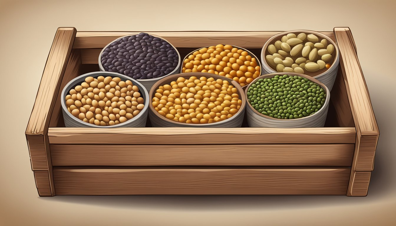 A colorful array of bambara beans, lentils, and chickpeas arranged in a rustic wooden crate