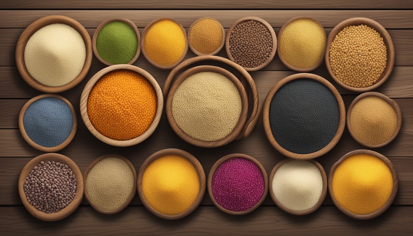 A colorful array of non-leguminous substitutes, including quinoa, amaranth, and millet, arranged in a rustic wooden bowl