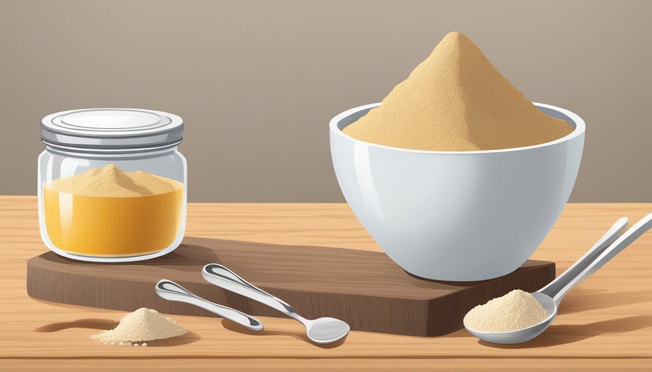 A jar of baobab powder sits on a wooden kitchen counter, surrounded by measuring spoons and a mixing bowl