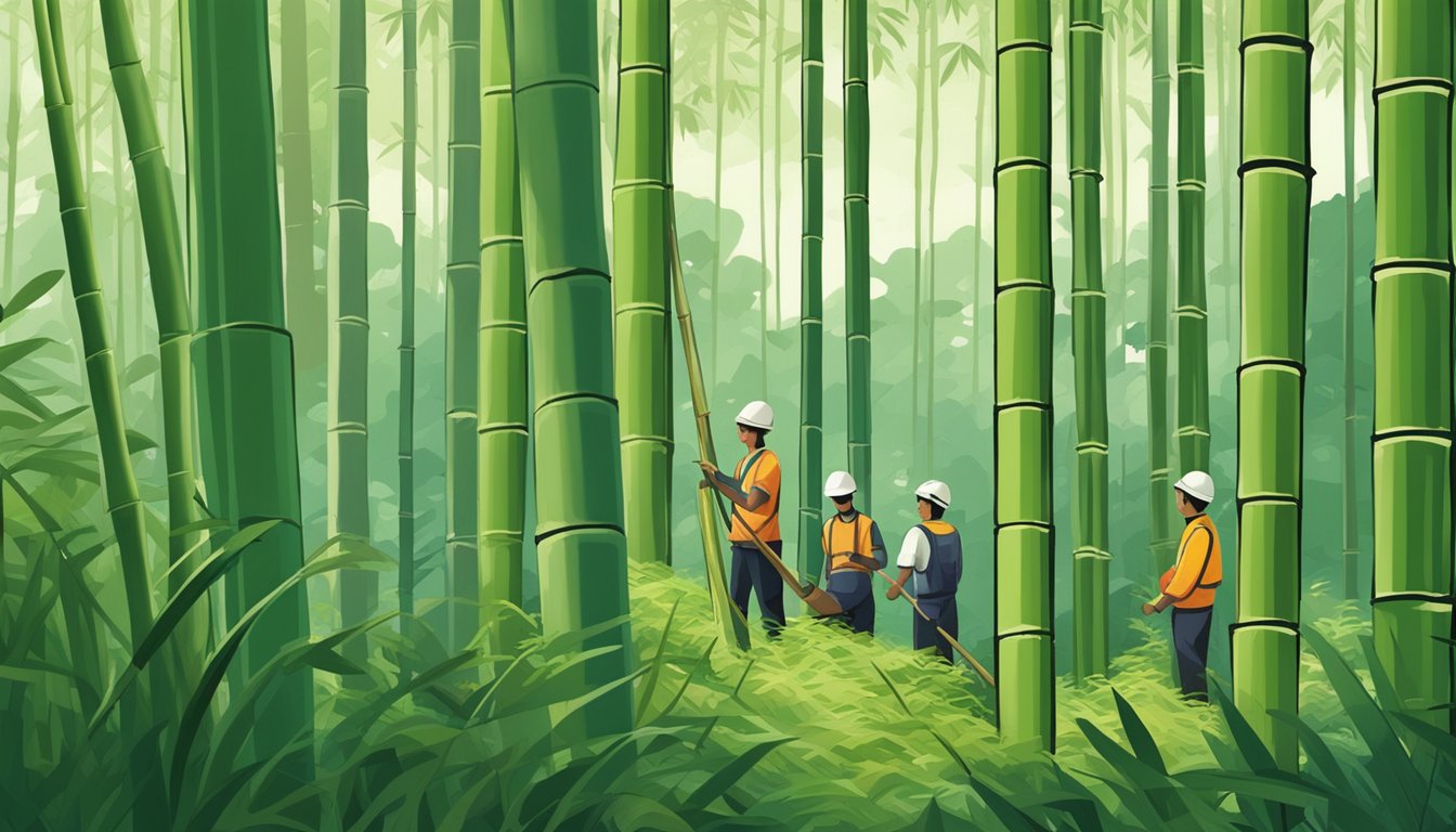 Fresh bamboo shoots being harvested in a dense forest setting. The tall, green bamboo stalks tower above, while workers carefully gather the edible shoots