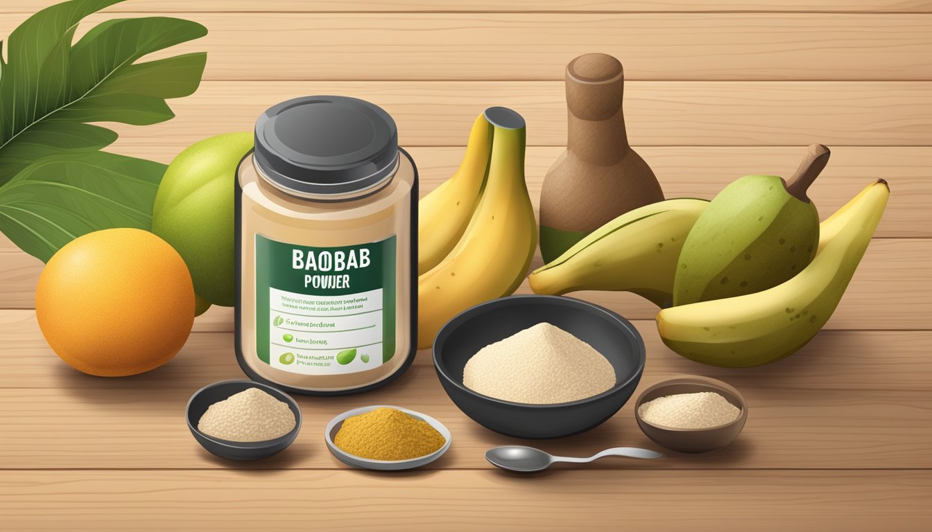 A jar of baobab powder and various substitute ingredients arranged on a wooden table, surrounded by fresh fruits and a measuring spoon