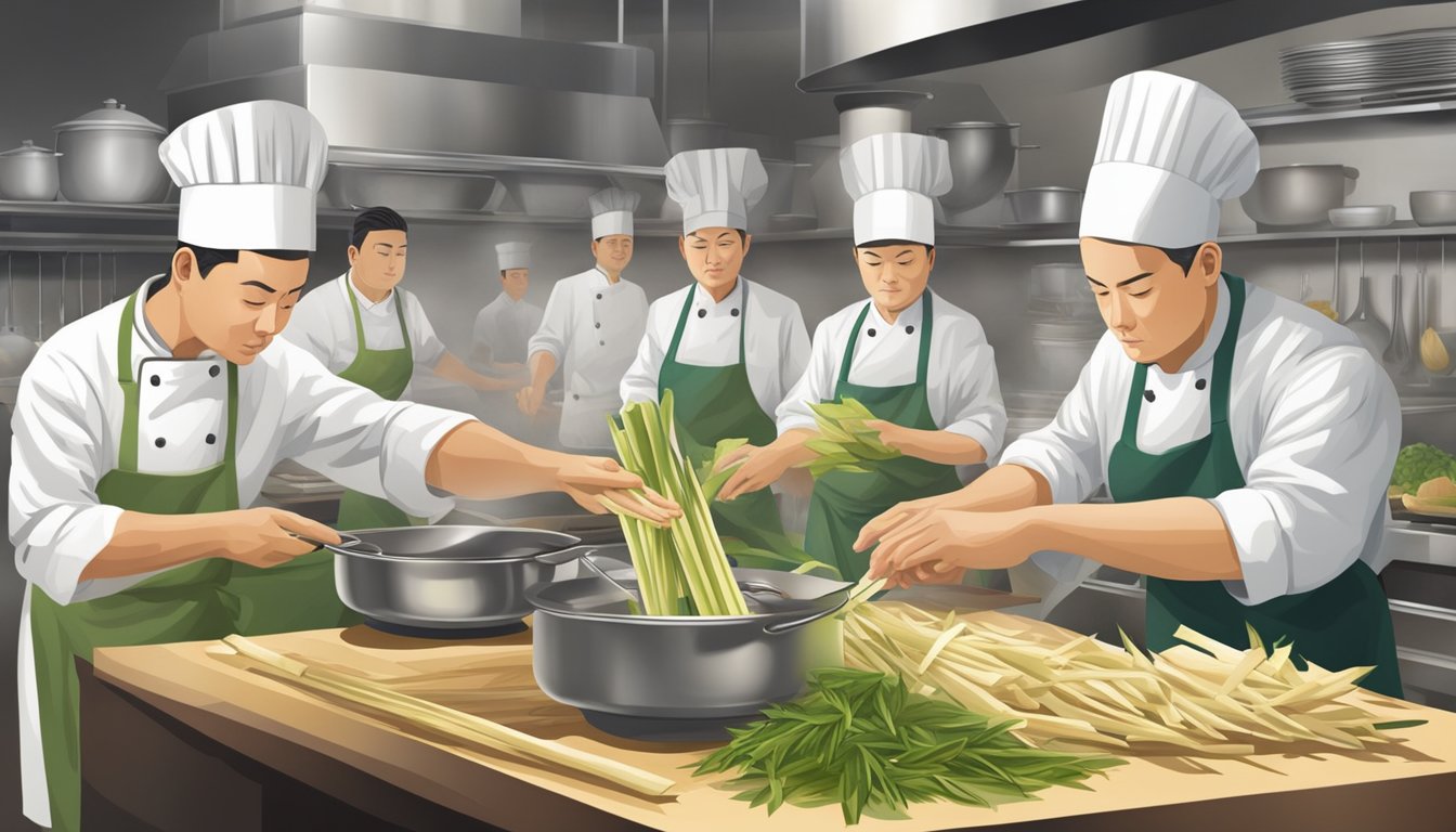 A chef slices bamboo shoots as a substitute for traditional ingredients in a bustling kitchen