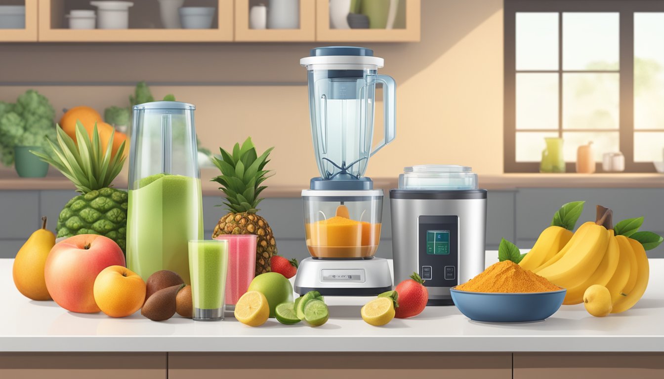 A kitchen counter with various containers of alternative powders, including baobab substitutes, surrounded by fresh fruits and a blender