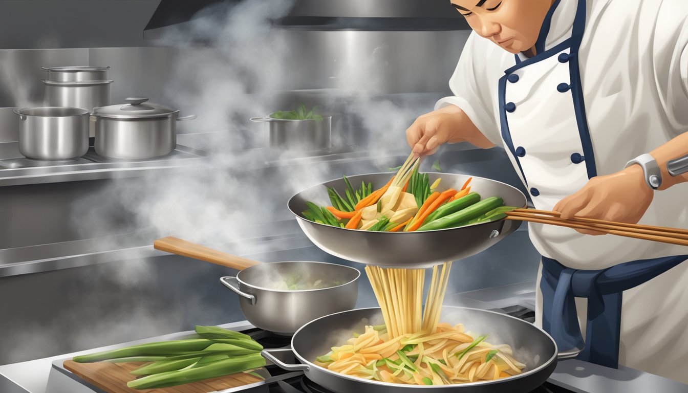 A chef adds bamboo shoots to a stir-fry, replacing traditional vegetables, as steam rises from the sizzling pan