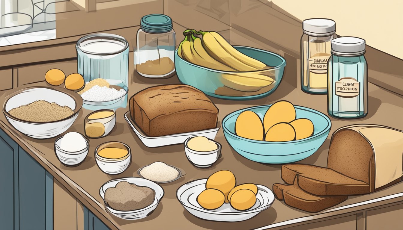 A kitchen counter with ingredients for banana bread, including bananas, flour, sugar, and eggs, as well as alternative ingredients such as gluten-free flour and vegan egg substitutes