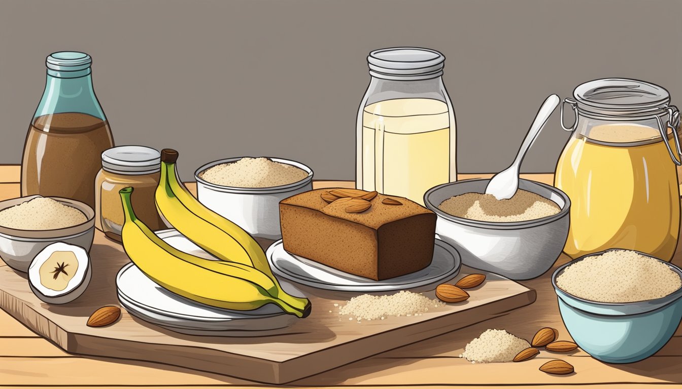 A table with various ingredients like almond flour, coconut oil, and ripe bananas. A cookbook open to a page with a banana bread recipe