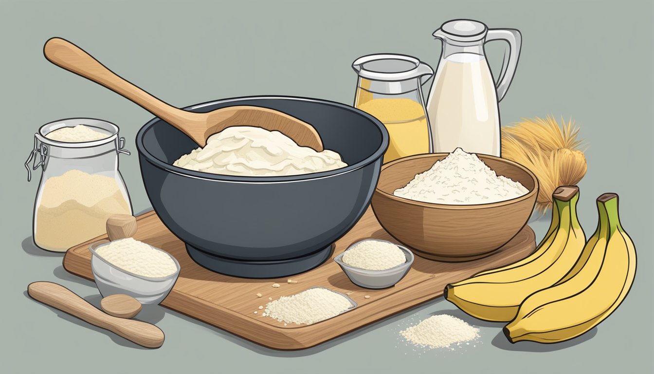 A mixing bowl filled with mashed bananas, flour, and a variety of baking ingredients. A wooden spoon is blending the mixture together, ready to be poured into a loaf pan