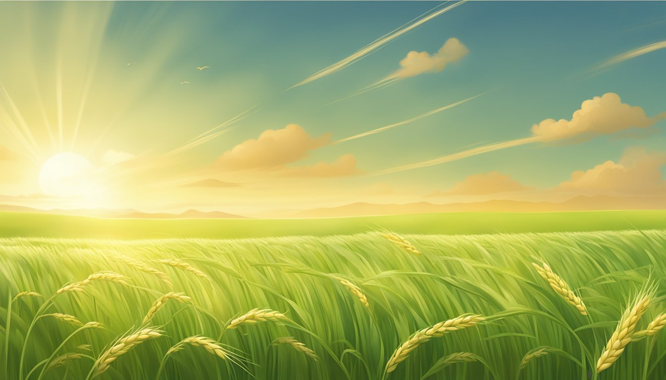 A lush field of young wheat grass swaying in the breeze, bathed in golden sunlight