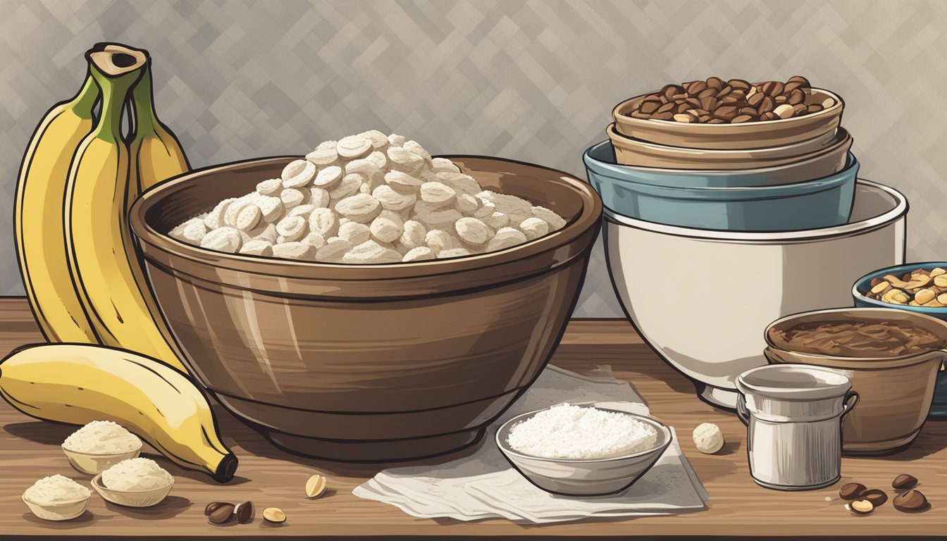 A mixing bowl filled with ripe bananas, flour, nuts, and chocolate chips, surrounded by scattered recipe cards and a vintage apron