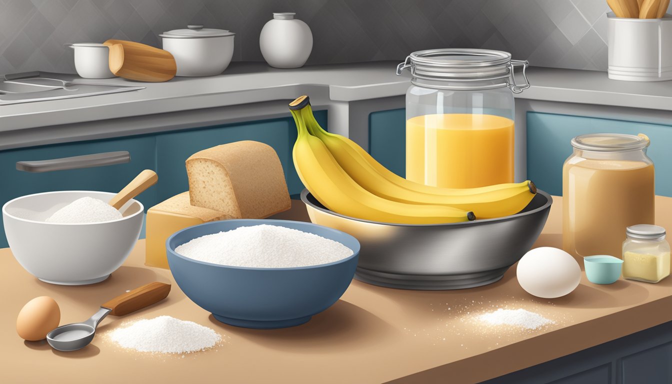 A kitchen counter with ingredients like bananas, flour, eggs, and sugar, along with a mixing bowl and a loaf pan