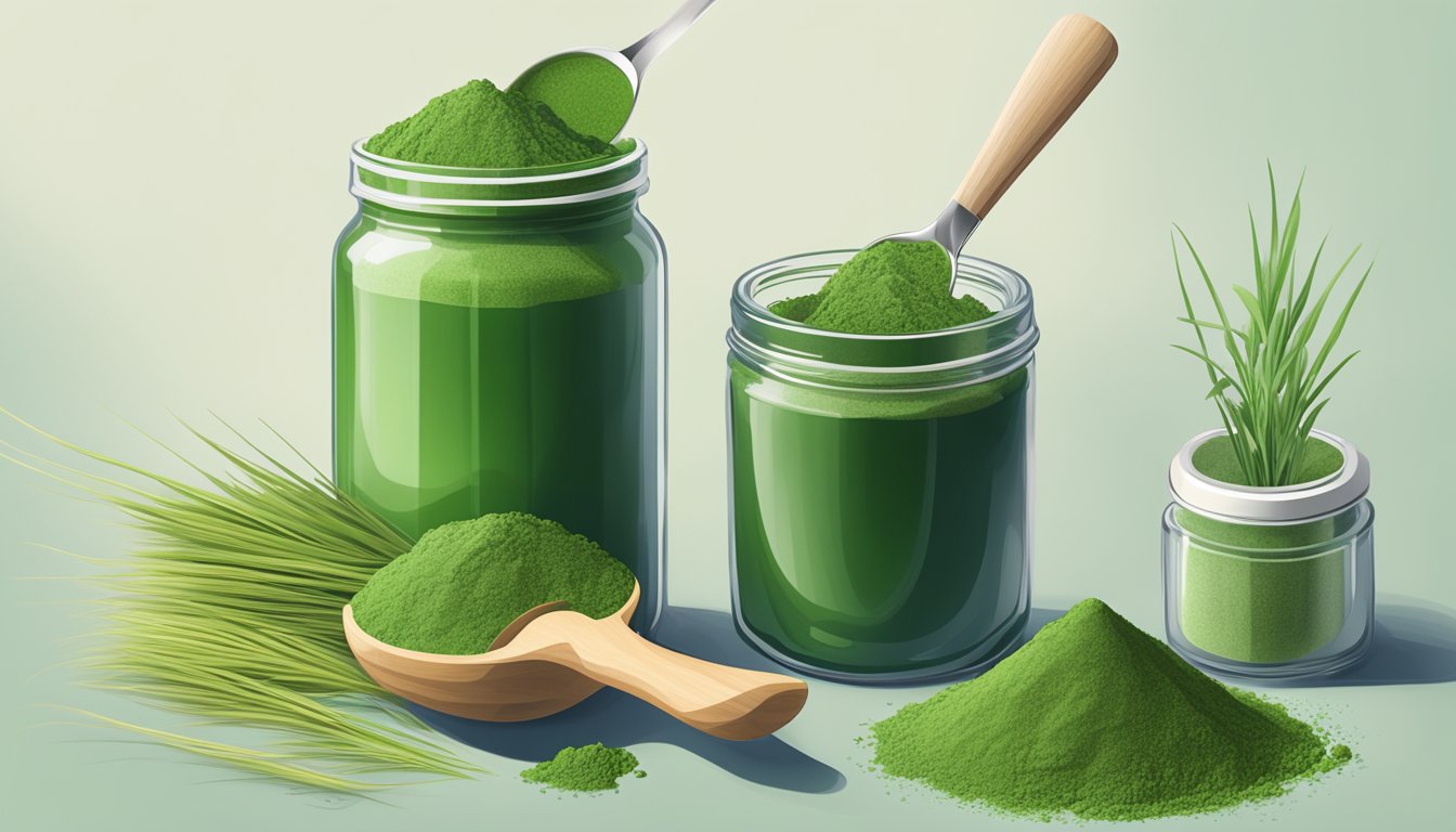 A jar of barley grass powder next to a variety of alternative powders like wheatgrass, spirulina, and moringa, with measuring spoons and a blender in the background