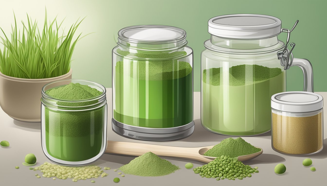 A jar of barley grass powder surrounded by various caffeine alternatives like matcha, yerba mate, and ginseng root