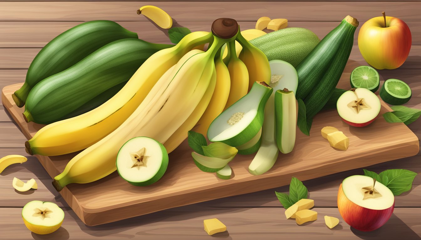 A variety of banana substitutes arranged on a wooden cutting board with vibrant colors and different shapes, including plantains, zucchini, and apples