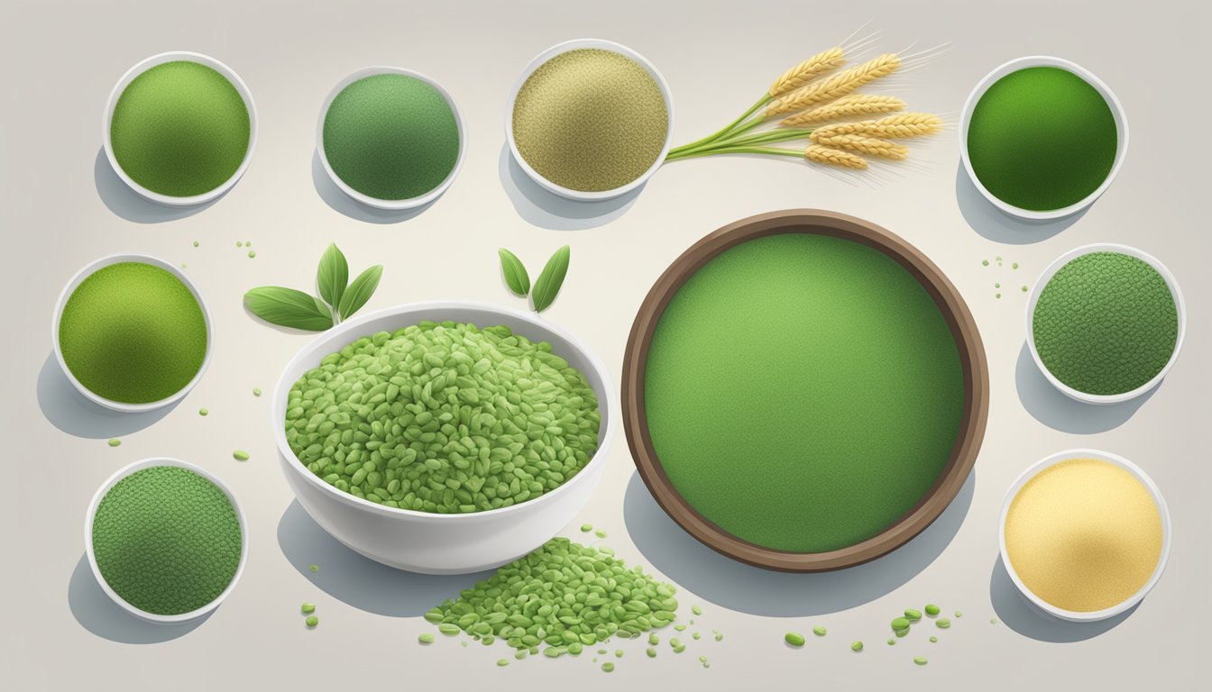 A bowl of barley grass powder with various substitute options surrounding it