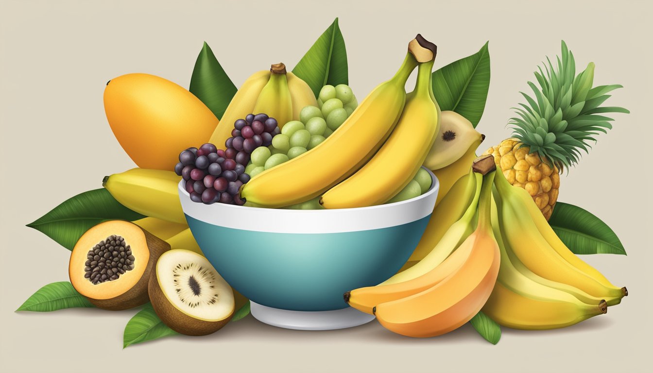 A bowl of mixed fruits with a variety of banana substitutes such as plantains, mangoes, and papayas