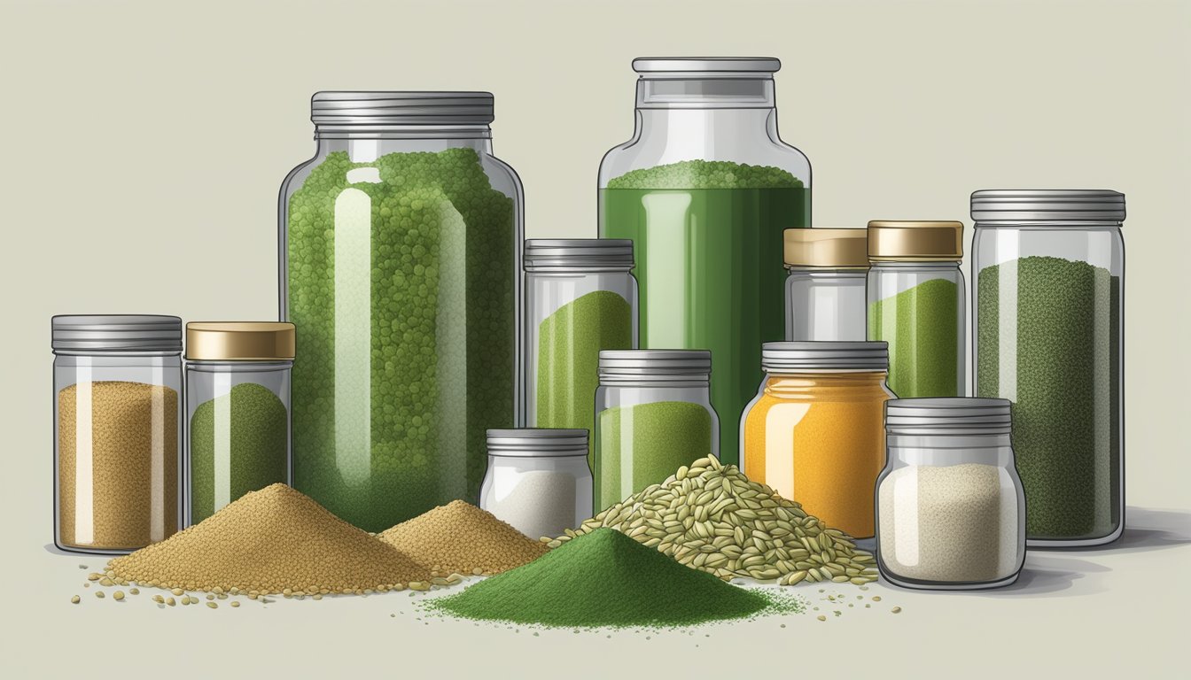 A variety of culinary herbs and spices arranged next to a jar of barley grass powder, showcasing different flavor profiles and potential substitutes