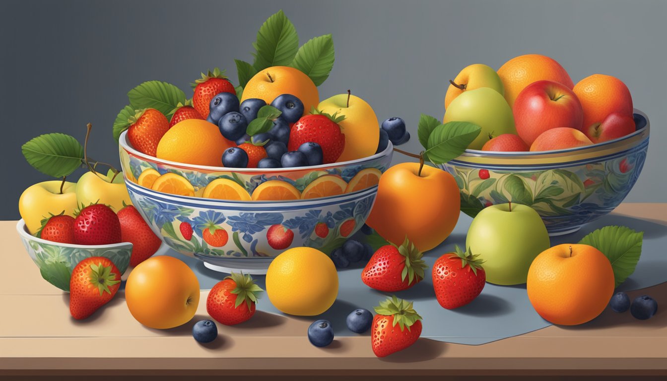 A bowl of mixed fruit with apples, oranges, and strawberries arranged on a table