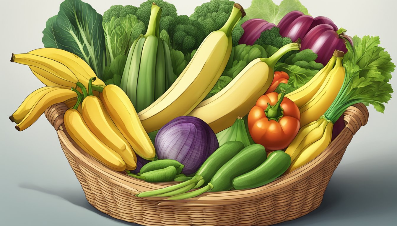 A variety of colorful vegetables arranged in a basket, with bananas placed among them as a veggie-based alternative