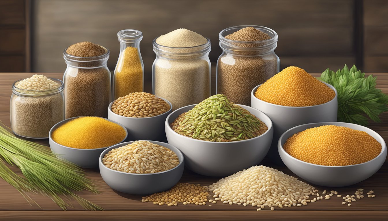 A variety of barley substitutes arranged in a rustic kitchen setting, including quinoa, farro, bulgur, and rice, each with their unique textures and colors